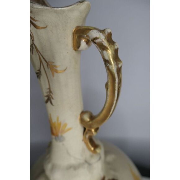 Antq Art Nouveau Ewer Gold Painted Floral Pitcher Ornate Handle Unmarked Cottage - Picture 3 of 9